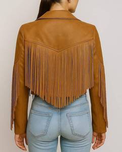 Women's Sheep <b>Leather</b> Motorcycle <b>Jacket</b> with Fringe Design Short Casual Breathable Winter Outerwear - Product Image 4