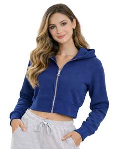Sweat-shirt à capuche zippé court personnalisé bleu marine pour femme, à manches longues, en molleton décontracté, style streetwear et activewear - Product Image 1