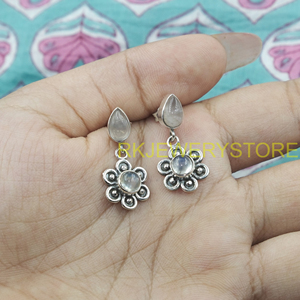 Pendientes de Cuarzo Rosa Natural y Piedra Lunar, Plata de Ley 925, Hechos a Mano, Diseño Floral, Estilo Boho, Joyería de Moda, Regalo para Mujer - Product Image 5