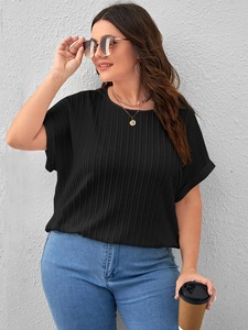 Women's <b>Black</b> Knitted Cap Sleeve T-Shirt O-Neck Loose Fit Solid Color Breathable Casual <b>Top</b> Spring <b>Summer</b> - Product Image 1