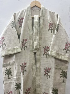Robe kimono longue unisexe en coton imprimé à la main en Inde, col en V, manches courtes, écologique, motif floral palmier - Product Image 5