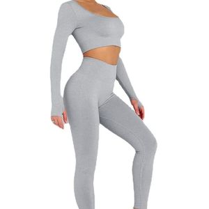 Ensemble de sport sans couture couleur pastel, haut court à manches longues, tenue d'entraînement pour femme, leggings taille haute, violet clair - Product Image 5