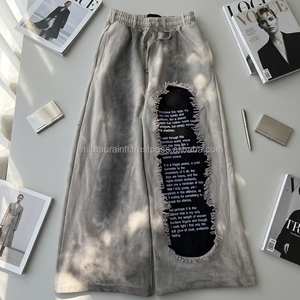 Pantalon de survêtement gris déchiré pour homme, taille élastique avec cordon de serrage, molleton mi-lourd décontracté, broderie, grandes tailles, collection automne - Product Image 5