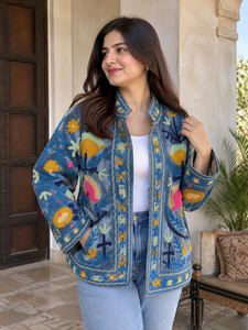 Vintage Style Suzani Jacket Embroidered <b>Velvet</b> Bomber Jacket Handmade Chic Ethnic Eco-Friendly Plus Size Floral Pattern <b>Coat</b> - Product Image 6