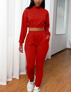 Women's <b>Red</b> Knitted 2-Piece Set Crew Neck <b>Crop</b> <b>Top</b> Ankle Length Pants Casual Tracksuit Regular Fit All Seasons 100% Cotton - Product Image 4