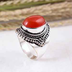 SHYAM JEWELRS Handmade 925 Sterling <b>Silver</b> Orange Carnelian Vintage Boho Beaded Unisex Religious <b>Statement</b> <b>Ring</b> - Product Image 4