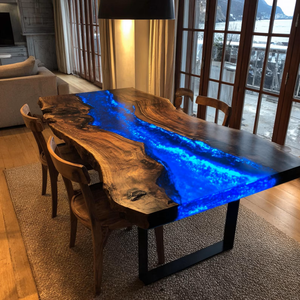 Mesa de Comedor Rectangular Azul de Resina Epoxi y Madera de Acacia con Borde Natural para Diwali - Duradera y Ecológica - Product Image 4