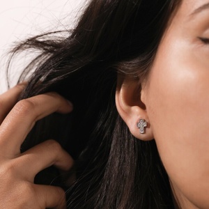 High Demand Jesus Cross Round 14k 18k Solid Gold Lab Diamond Stud Earrings Fine Jewelry Earring Available in Bulk Quantity Price - Product Image 2