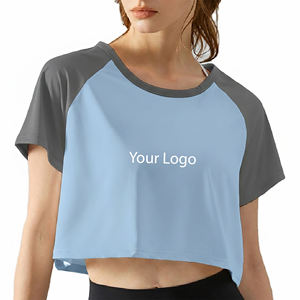 New Arrival 2026 Women's Cropped Color Blocked T-Shirt Raglan Sleeve O-<b>Neck</b> Quick Dry Sporty Knitted Short Sleeve <b>Light</b> Blue - Product Image 4