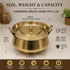 100% Pure Brass Hammered Handi <b>Pot</b> with Lid and Handles 2.5L Traditional Cooking Serving Cookware <b>for</b> Hotel Restaurant Catering - Product Image 5