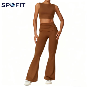 Custom Women's Yoga Set Halter Neck Sports Bra Top with High Waist <b>Flared</b> <b>Leggings</b> Seamless Fitness Gym Wear OEM ODM Active - Product Image 2
