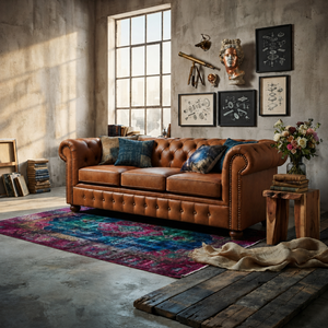 Ensemble de canapés Chesterfield modernes en cuir véritable couleur cognac avec dossier capitonné, accoudoirs roulés et garniture cloutée - Product Image 1