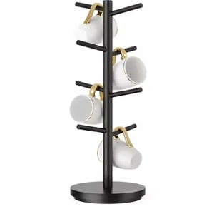 Support à tasses noir massif avec poteau central, 8 crochets horizontaux, base ronde lestée pour comptoir de cuisine - Product Image 1