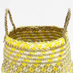 New Design Circle Durable Palm Leaf Woven Storage <b>Basket</b> <b>Foldable</b> with Handle Yellow - Product Image 6