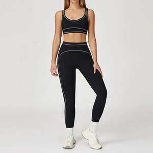 Ensemble de yoga 2 pièces : Crop top taille mi-haute et leggings longs, couleur unie, surpiqûres contrastées, respirant, grande taille, léger, tenue de sport - Product Image 4