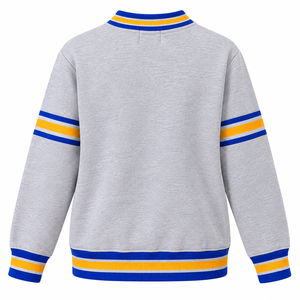 Sudadera de cuello redondo con letras Sigma Gamma Rho en chenilla gris, con bolsillo canguro, ribete acanalado azul real y dorado, ropa griega - Product Image 4