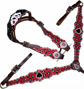 Ensemble de têtière et de collier de poitrail en cuir de style western pour chevaux - Couleur rouge, aspect cuir de vachette délavé argenté avec strass - Product Image 1