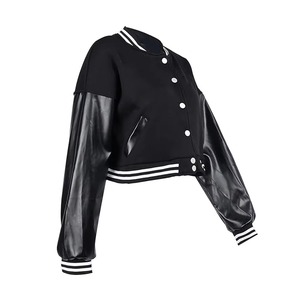 <b>Women's</b> Cropped Varsity <b>Jacket</b> <b>Black</b> PU Leather Sleeve Solid Color Crew Neck Button Closure Autumn Streetwear Style - Product Image 5