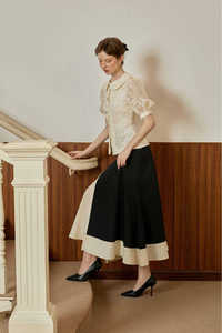 Elegant / Vintage / Romantic <b>Set</b> Vietnam Half Floral Lace ZELLA - Lace Puff-Sleeve Blouse & <b>Linen</b>-Blend Slit Skirt KS50 - Product Image 2