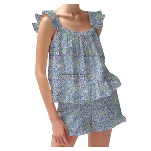 New Designer Indian Cotton Hand Block Print Shorts Pajama Set Spring / Summer Floral Fitted Strappy Ruffle <b>Trim</b> Sleeves PJ Set - Product Image 4