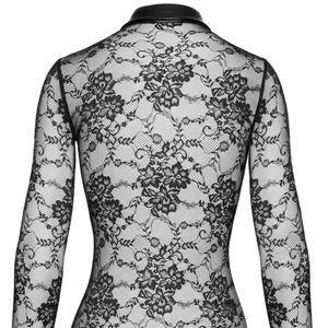 Robe moulante mi-longue noire en dentelle à manches longues, col montant, motif floral, doublure en maille transparente, boutonnée sur le devant, ajustée, pour soirée - Product Image 6