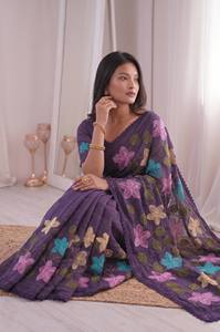 <b>Purple</b> Floral Embroidered Silk <b>Saree</b> With Lace Border Traditional Indian Wear For Women Wedding Occasion All Seasons - Product Image 3