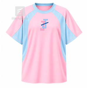 เสื้อยืดแร็กแลนระบายอากาศได้ดี คัสตอม แจ็คแอนด์จิล ออฟ อเมริกา พร้อมโลโก้ปักด้านหน้า สีฟ้าชมพู แขนสั้นลำลองสำหรับผู้หญิง - Product Image 1
