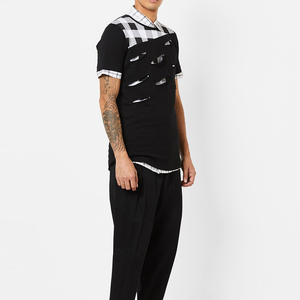Men's Black Short Sleeve <b>Patchwork</b> T-<b>Shirt</b> 100% Cotton Eco-Friendly Breathable Loose Fit - Product Image 1