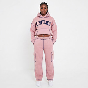 <b>Women</b> Crop Hooded <b>Tracksuit</b> Loose Fit Full Length Cargo Sweatpants Casual Cropped Sweat Hoodie Sportswear Two Piece Ladies Set - Product Image 1