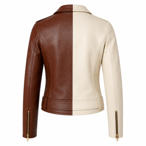 <b>Men's</b> <b>Brown</b> And Cream Color Block <b>Leather</b> Motorcycle <b>Jacket</b> With Zipper Closure And Belt - Product Image 5