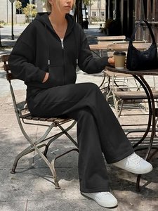 Ensemble de sweat-shirts à capuche zippés unisexes noirs, en coton French Terry surdimensionné, couleur unie, respirant, pour l'automne - Product Image 3