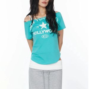 T-shirt décontracté vintage Y2K pour femme, bleu sarcelle, 2-en-1, superposé, épaules dénudées, imprimé graphique, manches courtes, avec sous-couche cami - Product Image 1