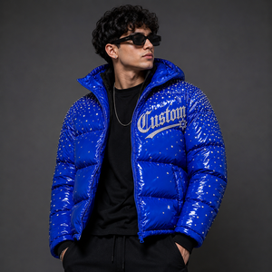 Custom Glossy Blue Puffer <b>Jacket</b> Rhinestone Street Style <b>Winter</b> Bubble Coat Oversized Warm Zip Up Fashion Outerwear - Product Image 5