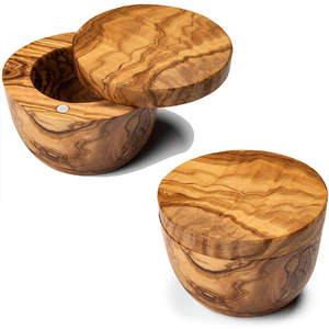 Boîte à sel ronde en bois artisanale moderne avec couvercle et cuillères en bois, compatible lave-vaisselle, pour le stockage alimentaire en cuisine - Product Image 4