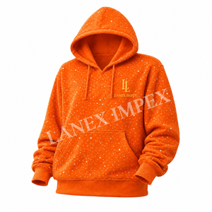 เสื้อฮู้ดดี้ผู้ชายสีส้มประดับเพชรเทียม สกรีนโลโก้ได้ สไตล์สตรีทแวร์ลำลอง ผ้าฟลีซ แขนยาว มีฮู้ด ผ้าฝ้าย 100% ทรงโอเวอร์ไซส์ - Product Image 2