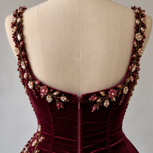 <b>Burgundy</b> <b>Velvet</b> Evening <b>Dress</b> Sleeveless Square Neck Rhinestone Floral Slip <b>Dress</b> for Party Wedding - Product Image 4