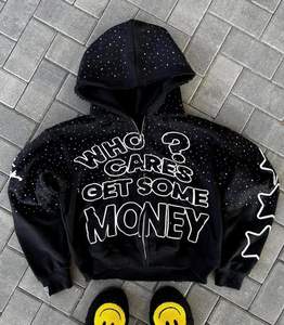 Sudaderas con capucha y sudaderas para hombre con estampado gráfico, chaqueta con cremallera de diamantes de imitación desgastados, sudadera con capucha estilo streetwear con lavado ácido y efecto vintage - Product Image 3