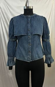 Blusa Elegante de Mezclilla con Lavado Vintage, Cuello Redondo, Manga Larga, Ajuste Cómodo para Fiestas Casuales y Moda de Oficina - Product Image 2