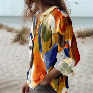 OEM ODM Women's V-Neck Full Sleeve Print <b>Blouse</b> Vintage Abstract Art Design Eco-Friendly Casual Button-Up Top for All Seasons - Product Image 2