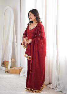Burgundy Ethnic <b>Shawl</b> Tassel Border Sheer Scarf Dupatta for <b>Wedding</b> Festival Apparel - Product Image 5