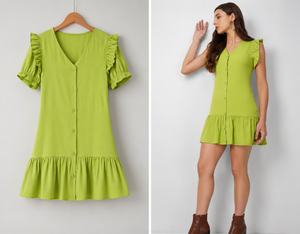 Sustainable Bohemian Mini Modal Cotton <b>Dress</b> Breathable Soft <b>Ruffle</b> Hem V-Neck Button-Up Summer <b>Dress</b> - Product Image 3