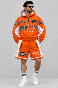 Custom Unisex Orange Nylon Short Set Hooded <b>Zip</b> <b>up</b> <b>Jacket</b> Contrast Panel Graphic Print Track Shorts - Product Image 3