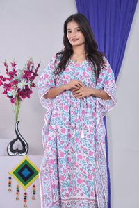 Women's Floral Print Maxi <b>Kaftan</b> Dress Sky Loose V-Neck Batwing Sleeve Cotton Bamboo Fiber Boho <b>Summer</b> Casual Dress - Product Image 4