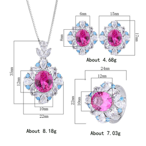 Parure de bijoux de luxe pour femme, collier, boucles d'oreilles et bague avec pendentif fleur en pierre précieuse fuchsia brésilienne et zircon cubique bleu glacé, idéale pour mariage - Product Image 2