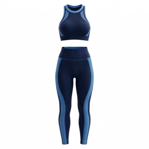 Women Yoga Set 2-Piece Racerback Scoop Neck Sports <b>Bra</b> High Waist Full Length Leggings Spandex/Polyester Solid <b>Blue</b> Breathable - Product Image 1