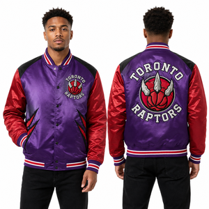Veste en satin brodée en coton rembourré en polyester pour homme, couleur de l'équipe de basket de Toronto, violet rouge, veste bomber personnalisée pour équipe - Product Image 1