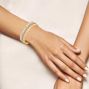 Elegant Yellow Gold 14K Women's <b>Bangle</b> <b>Bracelet</b> Lab Grown Diamond Teardrop Gemstones Leaf Motifs Luxurious Pav Detailing - Product Image 3