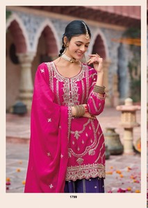 Salwar Kameez Rosa Chinon Bordado con Sharara Lehenga Morado, Traje Tradicional de Boda para Mujer, Largo hasta el Suelo, India Pakistán - Product Image 2