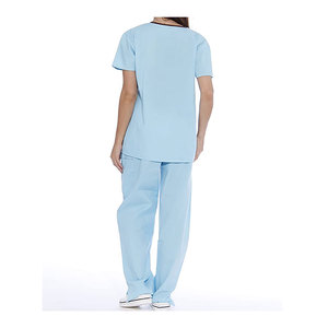 Conjunto de uniforme médico azul claro para mujer, blusa de manga corta con bolsillos, uniformes tejidos para hospital. - Product Image 3