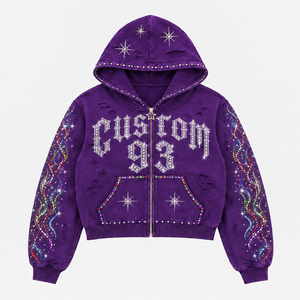 Custom Rhinestone Zip up <b>Hoodie</b> Streetwear Design Heavyweight Cotton Cropped Boxy Fit Premium Graphic Custom Logo Men <b>Hoodie</b> - Product Image 5